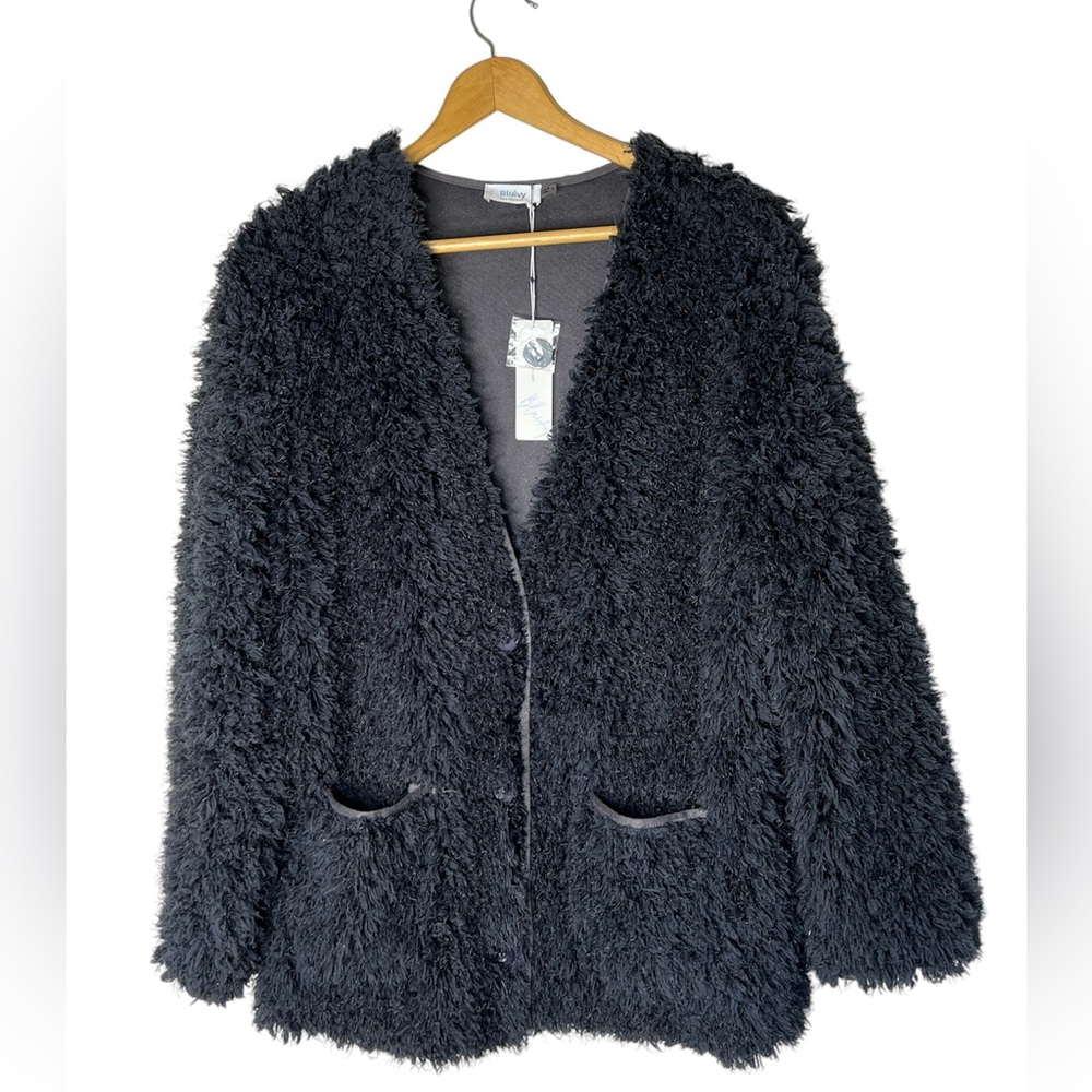 Bluivy COAT Winter Warm Faux Fur Black Shaggy Fluffy Holiday Gift Party NWT MD